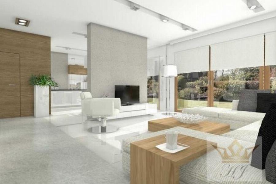 Haus Bern - Offenes Wohnzimmer mit Blick auf Terrasse und angrenzendem Essbereich_Visualisierung