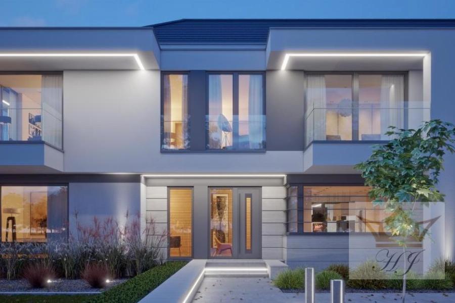 Haus Monaco - Blick auf Hauseingang mit EG und OG abends_Visualisierung