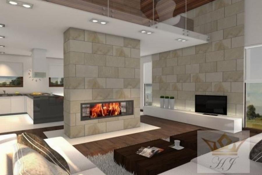 Haus Florida - Wohnzimmer mit Kamin und Essbereich links_Visualisierung