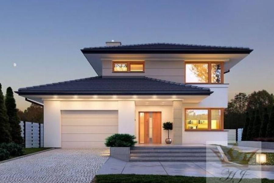 Haus Nizza - Hauseingang mit Garage links abends_Visualisierung
