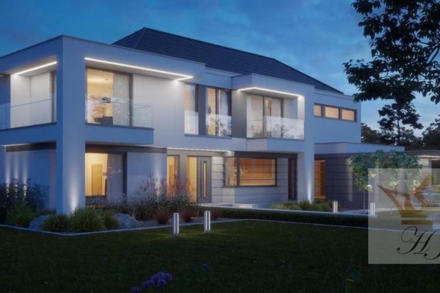 Haus Monaco - Hausfrontansicht von links mit Flach- und Walmdach abends_Visualisierung