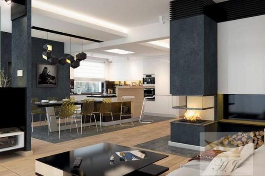 Haus Nizza - Wohnzimmer mit offenem Ess- und Küchenbereich_Visualisierung