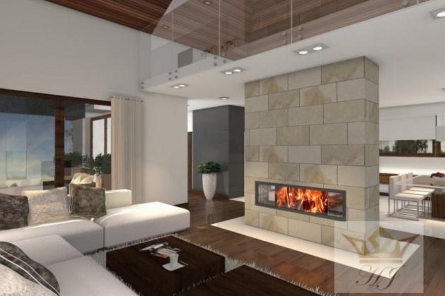 Haus Florida - Wohnzimmer mit Kamin und Essbereich rechts_Visualisierung