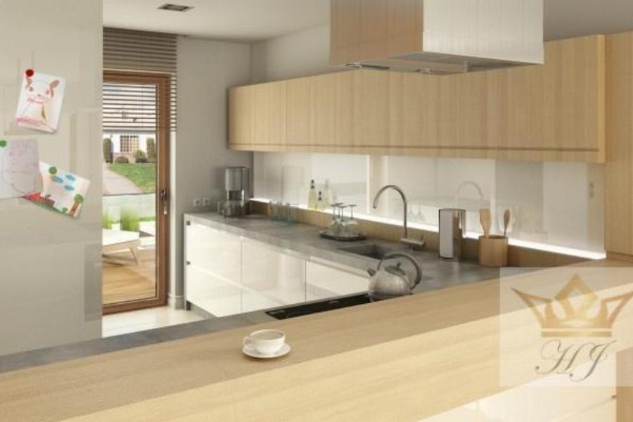 Haus Orlando - Küchenbereich mit anderer Schrankverkleidung und Terrassenzugang_Visualisierung